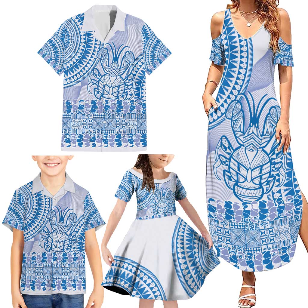 Niue Language Week Family Matching Summer Maxi Dress and Hawaiian Shirt The Rock Coconut Crab - Siapo Blue Pastel LT14 - Polynesian Pride