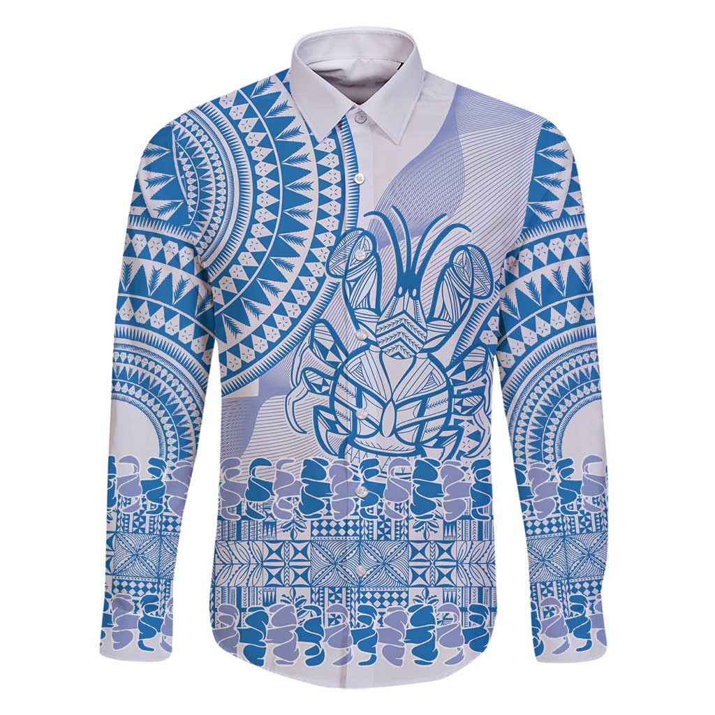 Niue Language Week Family Matching Tank Maxi Dress and Hawaiian Shirt The Rock Coconut Crab - Siapo Blue Pastel LT14 Dad's Shirt - Long Sleeve Blue - Polynesian Pride