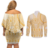 Niue Language Week Couples Matching Off Shoulder Short Dress and Long Sleeve Button Shirt The Rock Coconut Crab - Siapo Gold Pastel