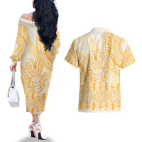 Niue Language Week Couples Matching Off The Shoulder Long Sleeve Dress and Hawaiian Shirt The Rock Coconut Crab - Siapo Gold Pastel LT14 - Polynesian Pride