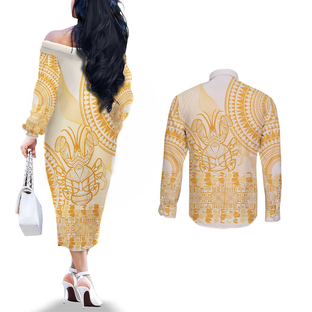 Niue Language Week Couples Matching Off The Shoulder Long Sleeve Dress and Long Sleeve Button Shirt The Rock Coconut Crab - Siapo Gold Pastel