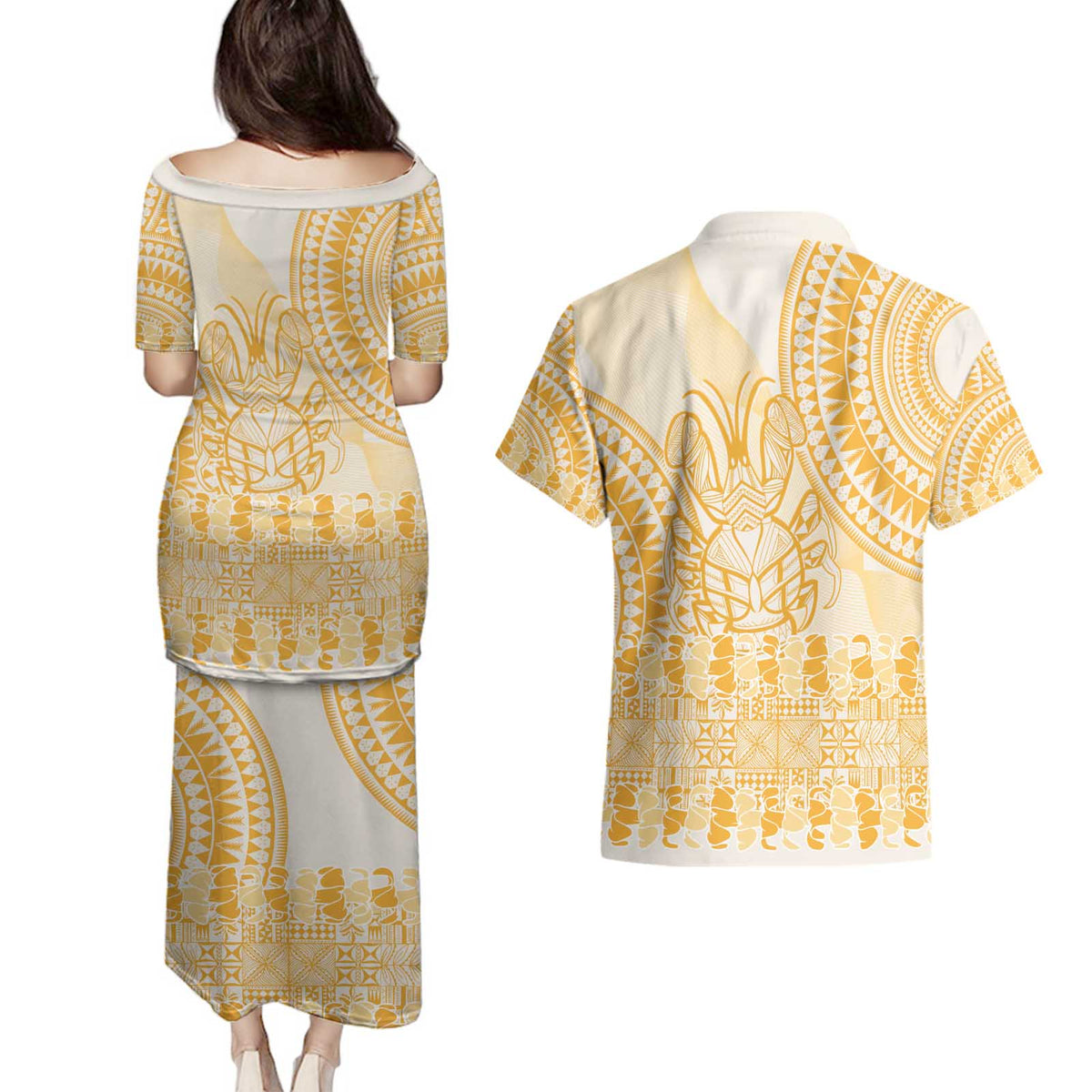 Niue Language Week Couples Matching Puletasi and Hawaiian Shirt The Rock Coconut Crab - Siapo Gold Pastel