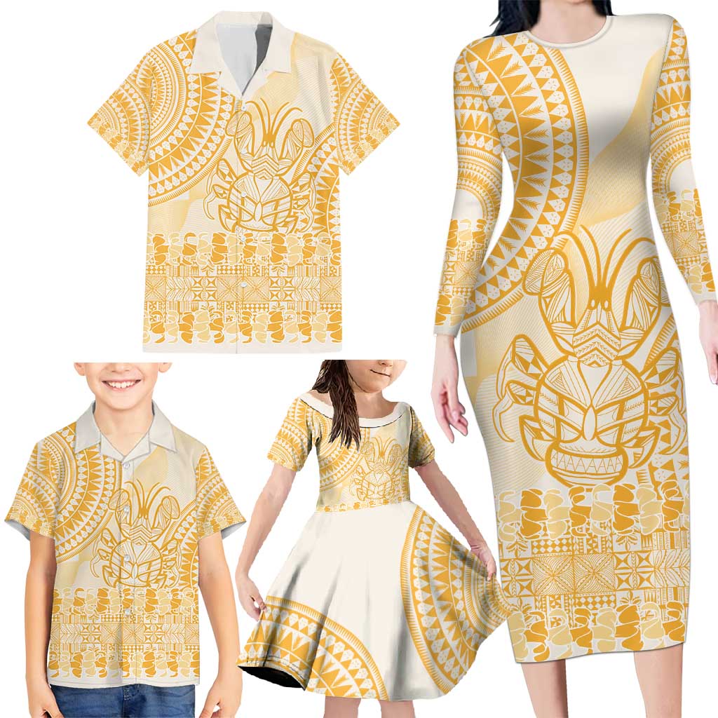 Niue Language Week Family Matching Long Sleeve Bodycon Dress and Hawaiian Shirt The Rock Coconut Crab - Siapo Gold Pastel LT14 - Polynesian Pride