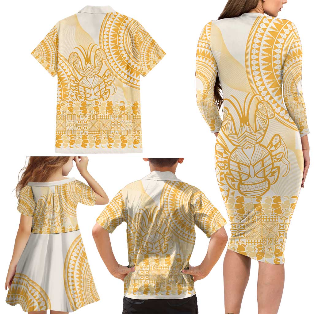 Niue Language Week Family Matching Long Sleeve Bodycon Dress and Hawaiian Shirt The Rock Coconut Crab - Siapo Gold Pastel LT14 - Polynesian Pride