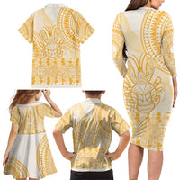 Niue Language Week Family Matching Long Sleeve Bodycon Dress and Hawaiian Shirt The Rock Coconut Crab - Siapo Gold Pastel LT14 - Polynesian Pride