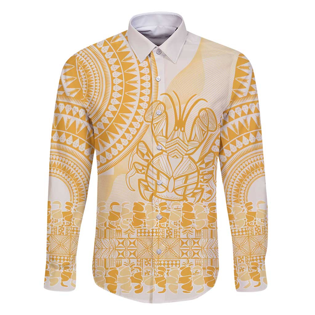 Niue Language Week Family Matching Long Sleeve Bodycon Dress and Hawaiian Shirt The Rock Coconut Crab - Siapo Gold Pastel LT14 Dad's Shirt - Long Sleeve Gold - Polynesian Pride