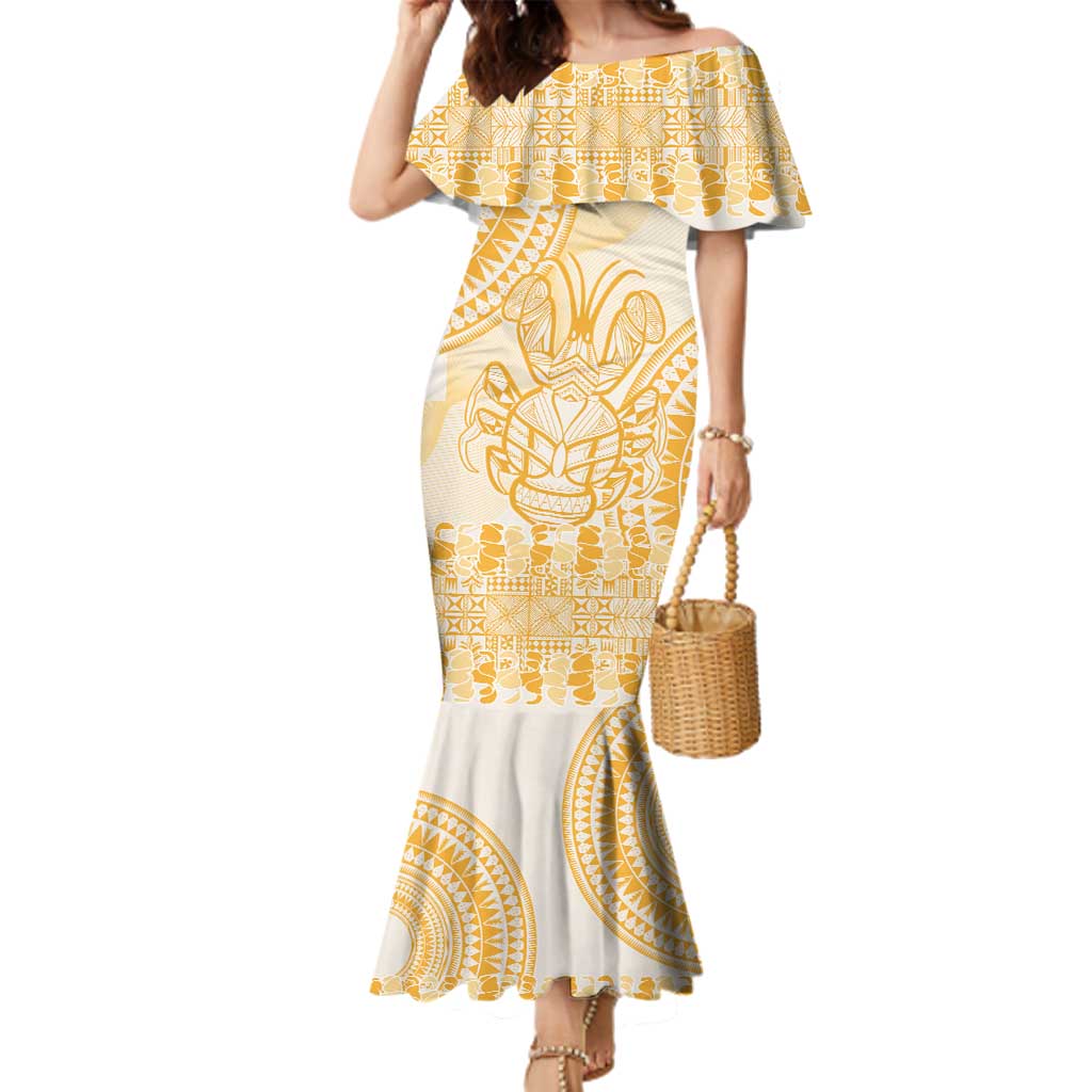 Niue Language Week Family Matching Mermaid Dress and Hawaiian Shirt The Rock Coconut Crab - Siapo Gold Pastel LT14 Mom's Dress Gold - Polynesian Pride
