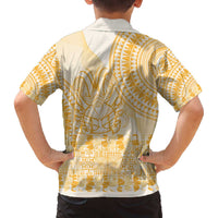 Niue Language Week Family Matching Off The Shoulder Long Sleeve Dress and Hawaiian Shirt The Rock Coconut Crab - Siapo Gold Pastel LT14 - Polynesian Pride
