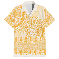 Niue Language Week Family Matching Off The Shoulder Long Sleeve Dress and Hawaiian Shirt The Rock Coconut Crab - Siapo Gold Pastel LT14 Dad's Shirt - Short Sleeve Gold - Polynesian Pride