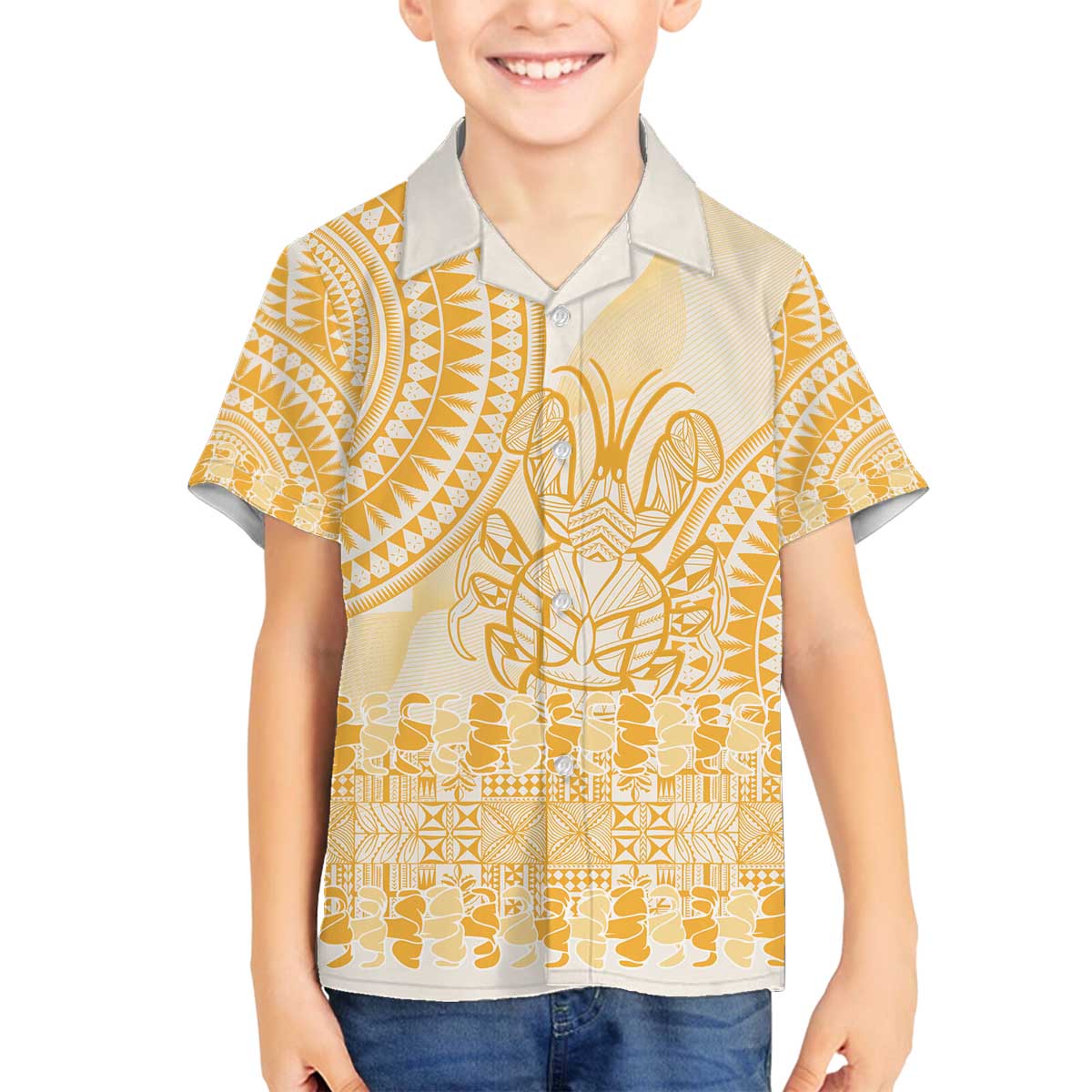 Niue Language Week Family Matching Off The Shoulder Long Sleeve Dress and Hawaiian Shirt The Rock Coconut Crab - Siapo Gold Pastel LT14 Son's Shirt Gold - Polynesian Pride