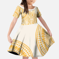 Niue Language Week Family Matching Off Shoulder Maxi Dress and Hawaiian Shirt The Rock Coconut Crab - Siapo Gold Pastel LT14 Daughter's Dress Gold - Polynesian Pride