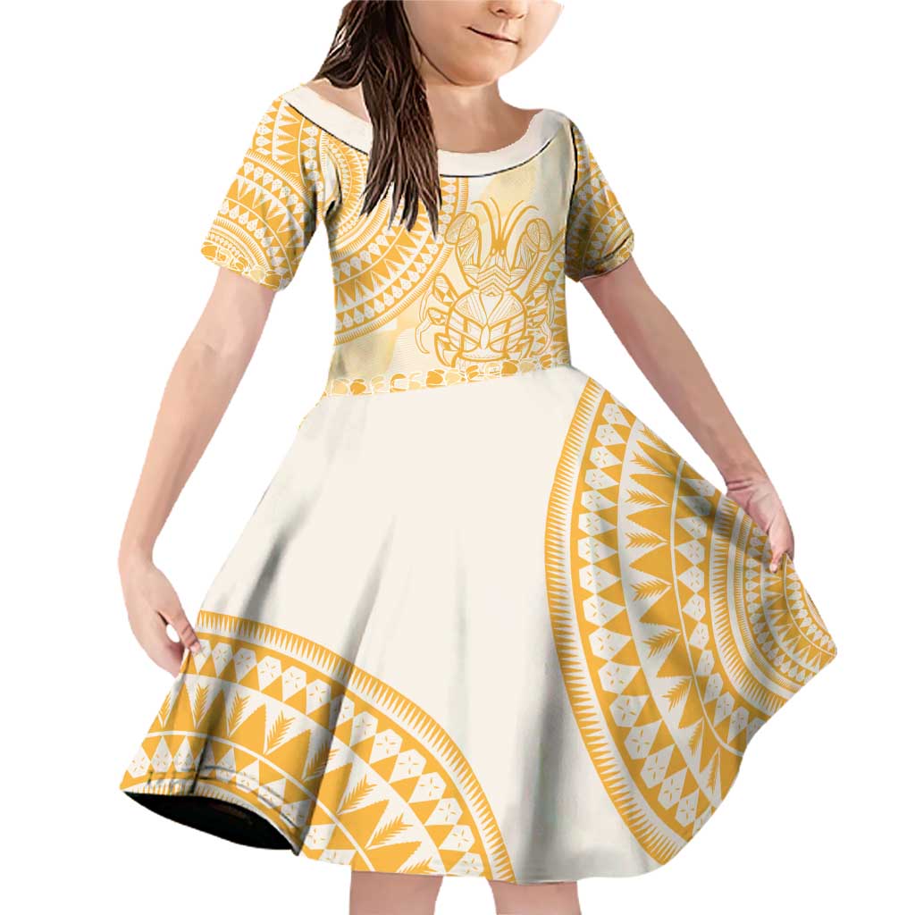 Niue Language Week Family Matching Off Shoulder Short Dress and Hawaiian Shirt The Rock Coconut Crab - Siapo Gold Pastel LT14 Daughter's Dress Gold - Polynesian Pride