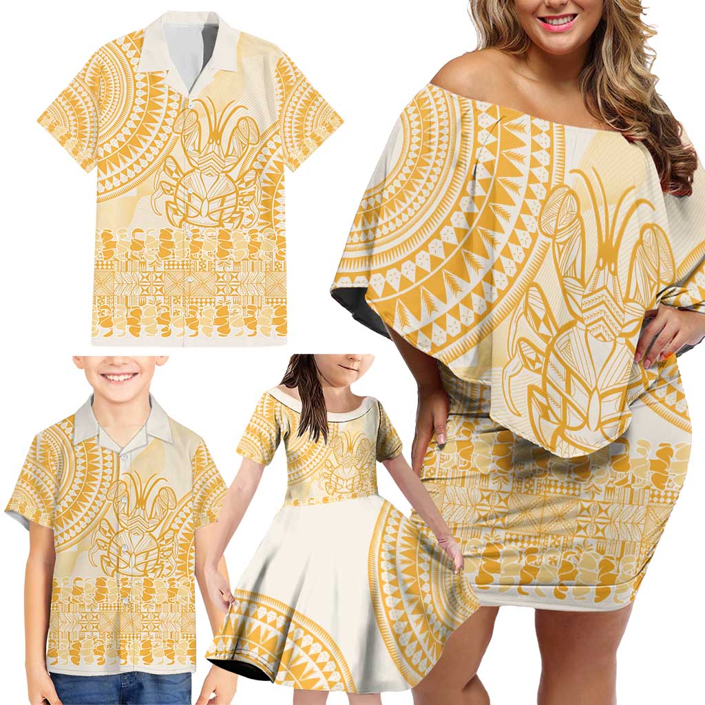 Niue Language Week Family Matching Off Shoulder Short Dress and Hawaiian Shirt The Rock Coconut Crab - Siapo Gold Pastel LT14 - Polynesian Pride