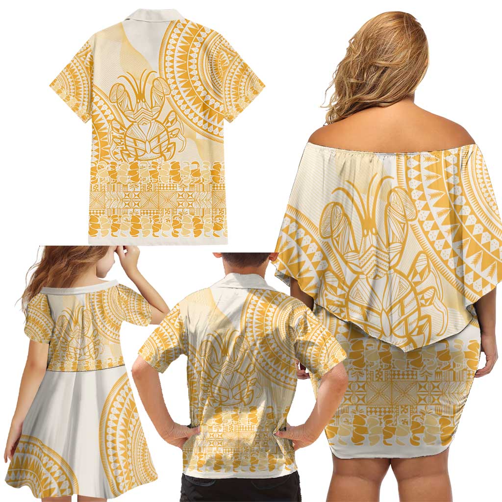 Niue Language Week Family Matching Off Shoulder Short Dress and Hawaiian Shirt The Rock Coconut Crab - Siapo Gold Pastel LT14 - Polynesian Pride