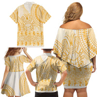 Niue Language Week Family Matching Off Shoulder Short Dress and Hawaiian Shirt The Rock Coconut Crab - Siapo Gold Pastel LT14 - Polynesian Pride