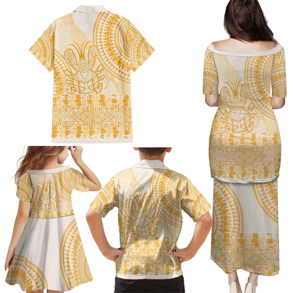 Niue Language Week Family Matching Puletasi and Hawaiian Shirt The Rock Coconut Crab - Siapo Gold Pastel LT14 - Polynesian Pride