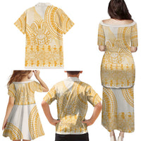 Niue Language Week Family Matching Puletasi and Hawaiian Shirt The Rock Coconut Crab - Siapo Gold Pastel LT14 - Polynesian Pride
