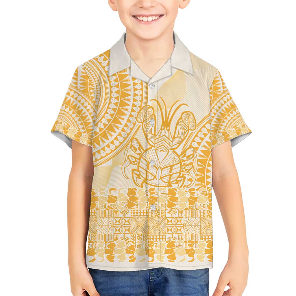 Niue Language Week Family Matching Puletasi and Hawaiian Shirt The Rock Coconut Crab - Siapo Gold Pastel LT14 Son's Shirt Gold - Polynesian Pride