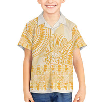 Niue Language Week Family Matching Puletasi and Hawaiian Shirt The Rock Coconut Crab - Siapo Gold Pastel LT14 Son's Shirt Gold - Polynesian Pride