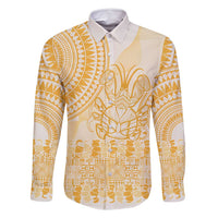 Niue Language Week Family Matching Summer Maxi Dress and Hawaiian Shirt The Rock Coconut Crab - Siapo Gold Pastel LT14 Dad's Shirt - Long Sleeve Gold - Polynesian Pride