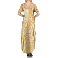 Niue Language Week Family Matching Summer Maxi Dress and Hawaiian Shirt The Rock Coconut Crab - Siapo Gold Pastel LT14 - Polynesian Pride