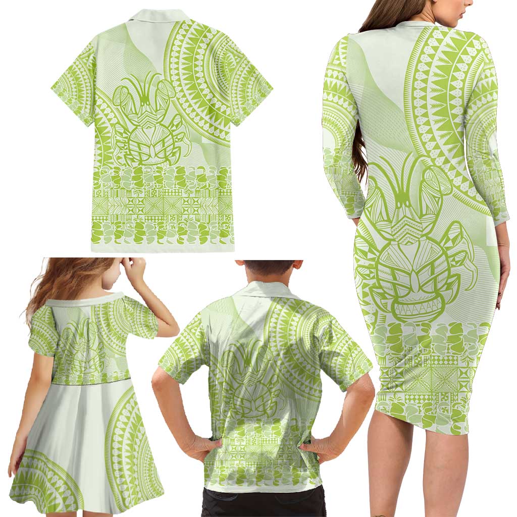 Lime Green Niue Language Week Family Matching Long Sleeve Bodycon Dress and Hawaiian Shirt The Rock Coconut Crab - Siapo Pattern LT14 - Polynesian Pride