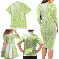 Lime Green Niue Language Week Family Matching Long Sleeve Bodycon Dress and Hawaiian Shirt The Rock Coconut Crab - Siapo Pattern LT14 - Polynesian Pride