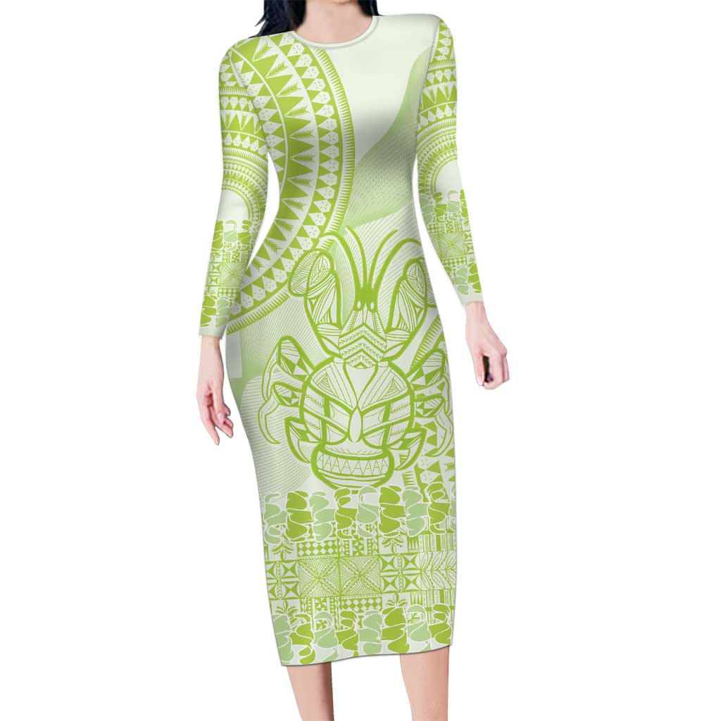 Lime Green Niue Language Week Family Matching Long Sleeve Bodycon Dress and Hawaiian Shirt The Rock Coconut Crab - Siapo Pattern LT14 Mom's Dress Lime Green - Polynesian Pride