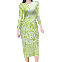 Lime Green Niue Language Week Family Matching Long Sleeve Bodycon Dress and Hawaiian Shirt The Rock Coconut Crab - Siapo Pattern LT14 Mom's Dress Lime Green - Polynesian Pride