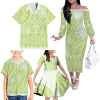 Lime Green Niue Language Week Family Matching Off The Shoulder Long Sleeve Dress and Hawaiian Shirt The Rock Coconut Crab - Siapo Pattern LT14 - Polynesian Pride