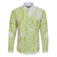 Lime Green Niue Language Week Family Matching Off The Shoulder Long Sleeve Dress and Hawaiian Shirt The Rock Coconut Crab - Siapo Pattern LT14 Dad's Shirt - Long Sleeve Lime Green - Polynesian Pride