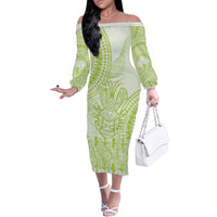 Lime Green Niue Language Week Family Matching Off The Shoulder Long Sleeve Dress and Hawaiian Shirt The Rock Coconut Crab - Siapo Pattern LT14 Mom's Dress Lime Green - Polynesian Pride