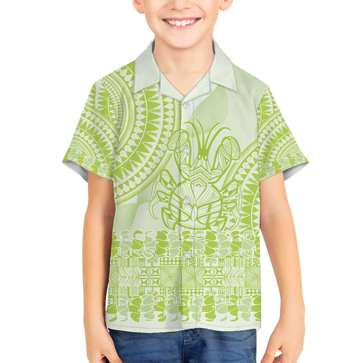 Lime Green Niue Language Week Family Matching Off The Shoulder Long Sleeve Dress and Hawaiian Shirt The Rock Coconut Crab - Siapo Pattern LT14 Son's Shirt Lime Green - Polynesian Pride