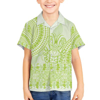 Lime Green Niue Language Week Family Matching Off The Shoulder Long Sleeve Dress and Hawaiian Shirt The Rock Coconut Crab - Siapo Pattern LT14 Son's Shirt Lime Green - Polynesian Pride