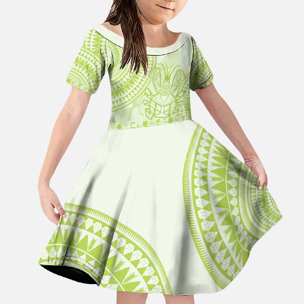 Lime Green Niue Language Week Family Matching Short Sleeve Bodycon Dress and Hawaiian Shirt The Rock Coconut Crab - Siapo Pattern LT14 Daughter's Dress Lime Green - Polynesian Pride