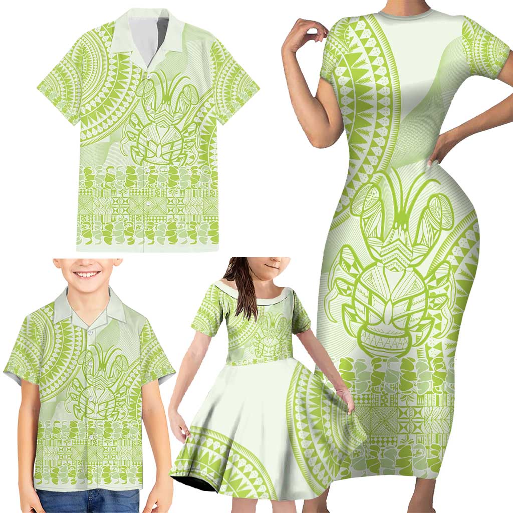 Lime Green Niue Language Week Family Matching Short Sleeve Bodycon Dress and Hawaiian Shirt The Rock Coconut Crab - Siapo Pattern LT14 - Polynesian Pride