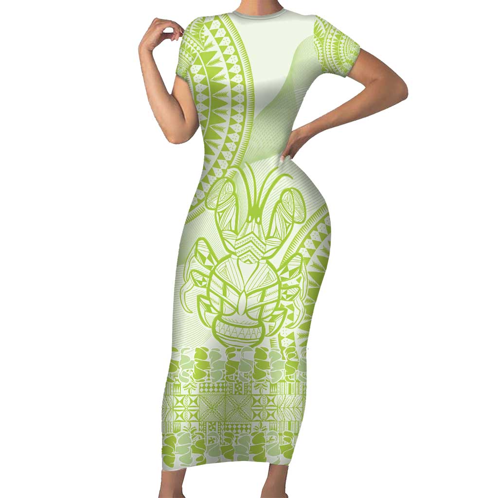 Lime Green Niue Language Week Family Matching Short Sleeve Bodycon Dress and Hawaiian Shirt The Rock Coconut Crab - Siapo Pattern LT14 Mom's Dress Lime Green - Polynesian Pride