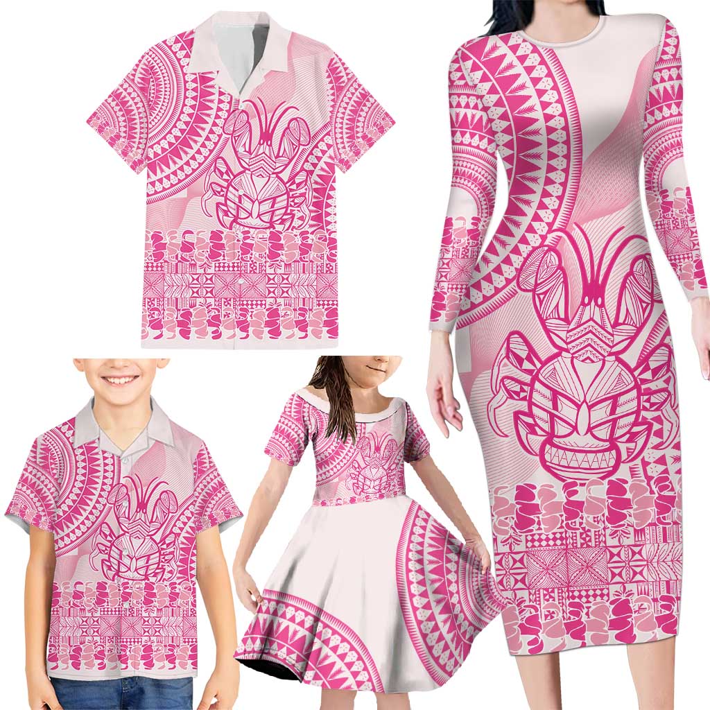 Pink Niue Language Week Family Matching Long Sleeve Bodycon Dress and Hawaiian Shirt The Rock Coconut Crab - Siapo Pattern LT14 - Polynesian Pride