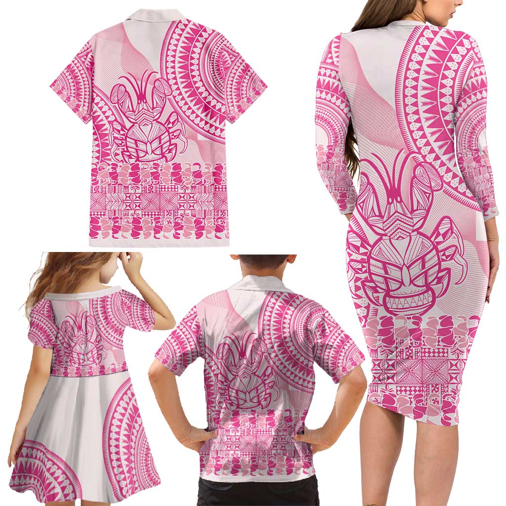 Pink Niue Language Week Family Matching Long Sleeve Bodycon Dress and Hawaiian Shirt The Rock Coconut Crab - Siapo Pattern LT14 - Polynesian Pride