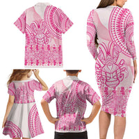 Pink Niue Language Week Family Matching Long Sleeve Bodycon Dress and Hawaiian Shirt The Rock Coconut Crab - Siapo Pattern LT14 - Polynesian Pride