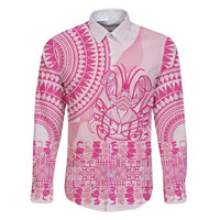 Pink Niue Language Week Family Matching Long Sleeve Bodycon Dress and Hawaiian Shirt The Rock Coconut Crab - Siapo Pattern LT14 Dad's Shirt - Long Sleeve Pink - Polynesian Pride