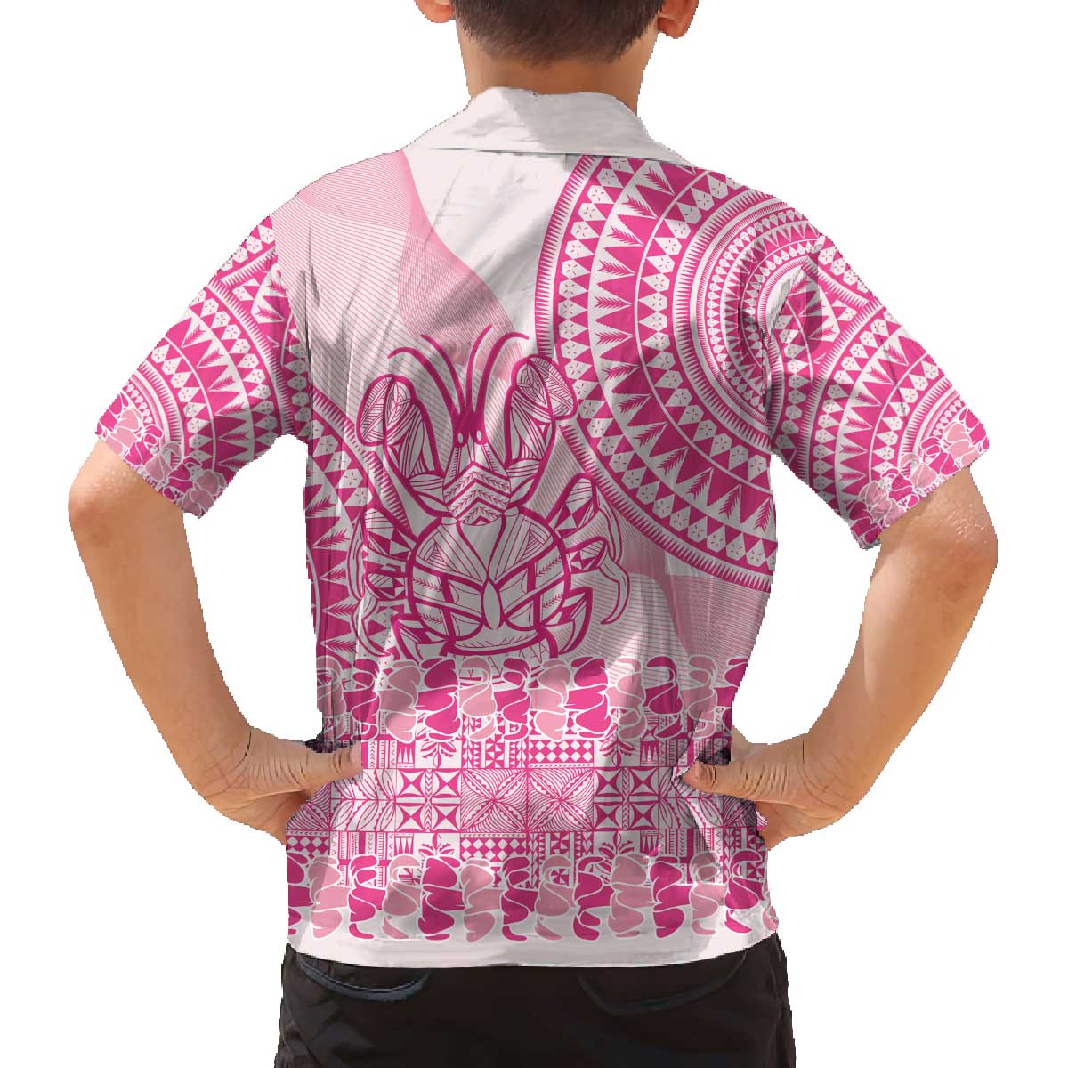 Pink Niue Language Week Family Matching Off The Shoulder Long Sleeve Dress and Hawaiian Shirt The Rock Coconut Crab - Siapo Pattern LT14 - Polynesian Pride