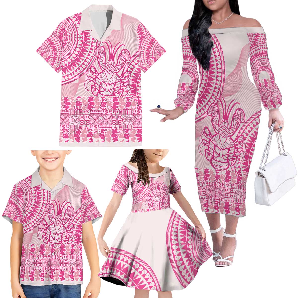 Pink Niue Language Week Family Matching Off The Shoulder Long Sleeve Dress and Hawaiian Shirt The Rock Coconut Crab - Siapo Pattern LT14 - Polynesian Pride