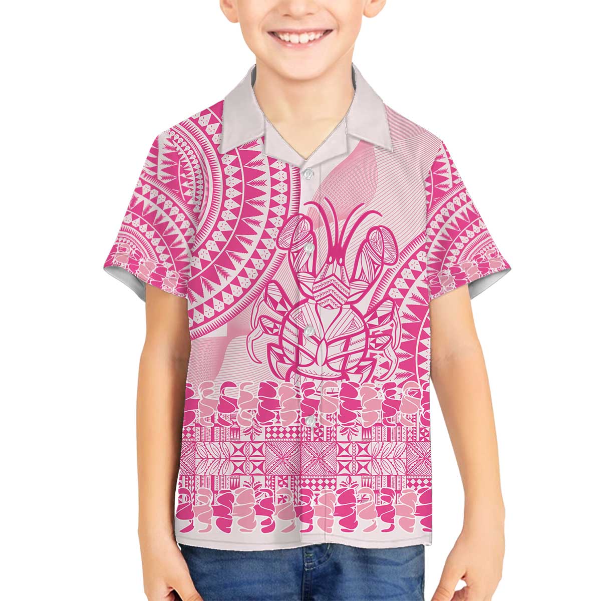 Pink Niue Language Week Family Matching Off The Shoulder Long Sleeve Dress and Hawaiian Shirt The Rock Coconut Crab - Siapo Pattern LT14 Son's Shirt Pink - Polynesian Pride