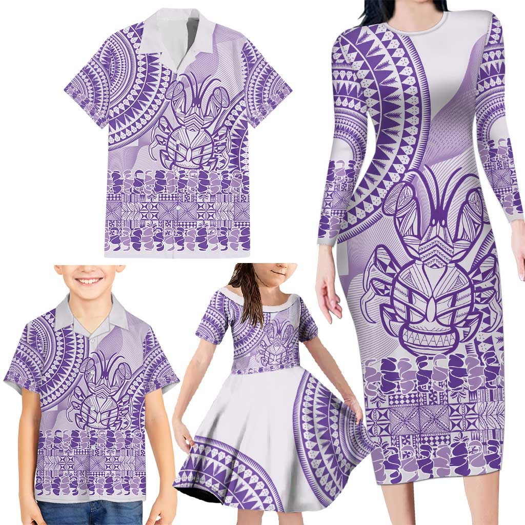 Purple Niue Language Week Family Matching Long Sleeve Bodycon Dress and Hawaiian Shirt The Rock Coconut Crab - Siapo Pattern LT14 - Polynesian Pride