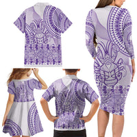 Purple Niue Language Week Family Matching Long Sleeve Bodycon Dress and Hawaiian Shirt The Rock Coconut Crab - Siapo Pattern LT14 - Polynesian Pride