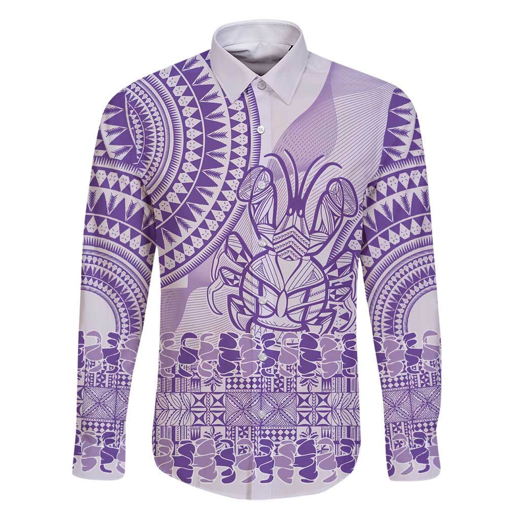 Purple Niue Language Week Family Matching Long Sleeve Bodycon Dress and Hawaiian Shirt The Rock Coconut Crab - Siapo Pattern LT14 Dad's Shirt - Long Sleeve Purple - Polynesian Pride