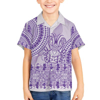 Purple Niue Language Week Family Matching Off The Shoulder Long Sleeve Dress and Hawaiian Shirt The Rock Coconut Crab - Siapo Pattern LT14 Son's Shirt Purple - Polynesian Pride