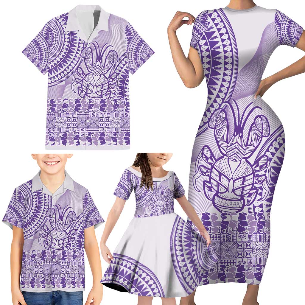 Purple Niue Language Week Family Matching Short Sleeve Bodycon Dress and Hawaiian Shirt The Rock Coconut Crab - Siapo Pattern LT14 - Polynesian Pride
