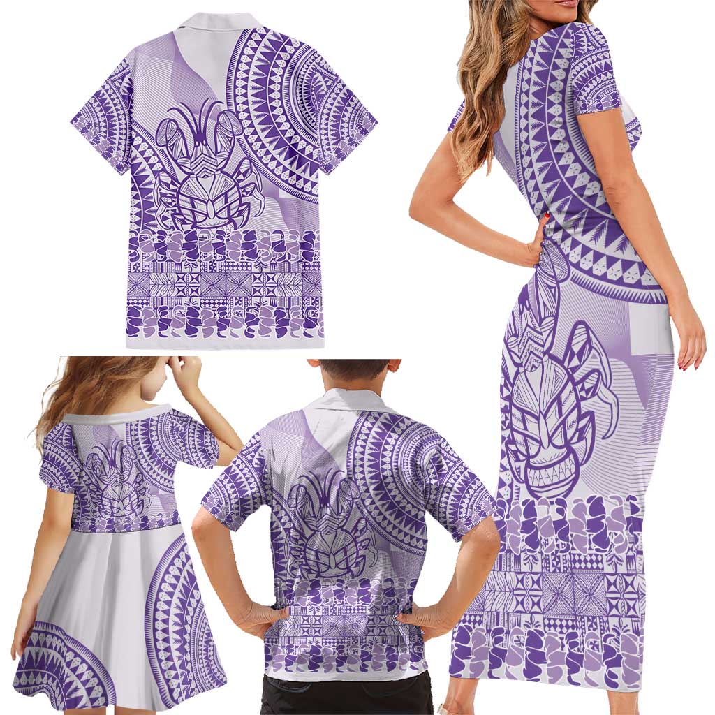 Purple Niue Language Week Family Matching Short Sleeve Bodycon Dress and Hawaiian Shirt The Rock Coconut Crab - Siapo Pattern LT14 - Polynesian Pride